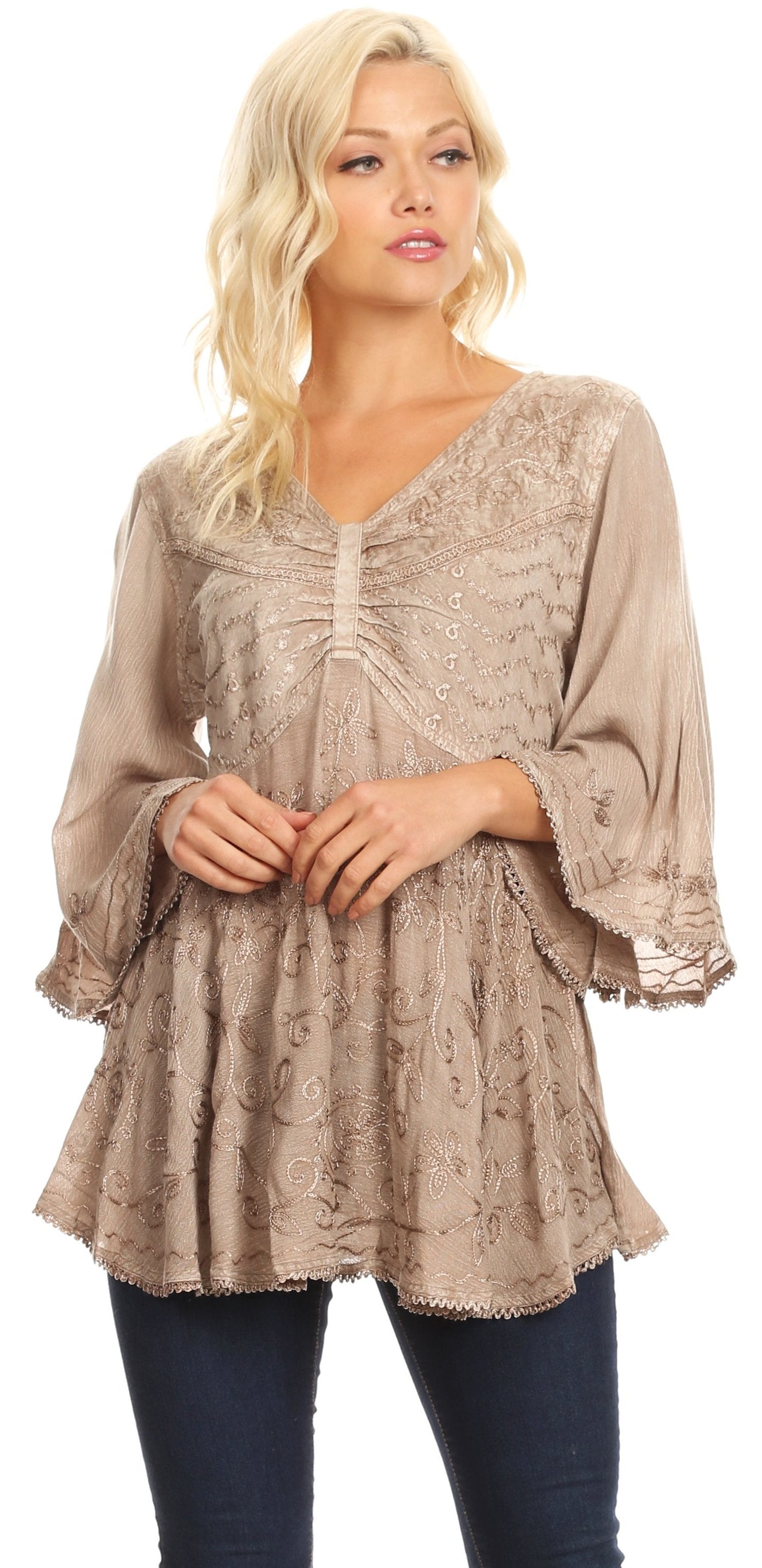 Sakkas Valeria Womens V neck Bohemian Ethnic Casual Flare Blouse Top Embroidered