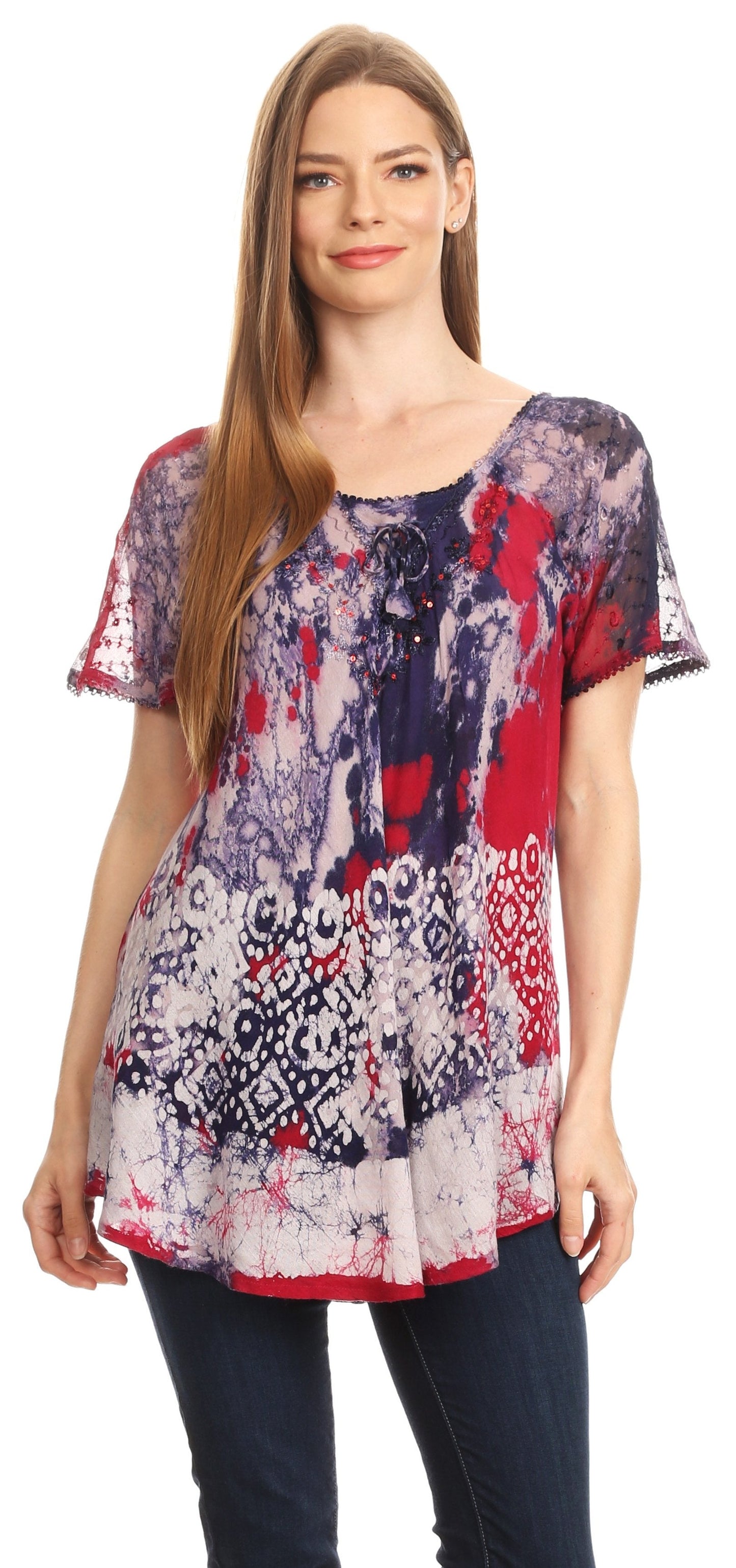 Sakkas Sara Blusa de Manga Corta Estilo Campesino Fluida para Mujer con Bordado Tie-Dye Batik