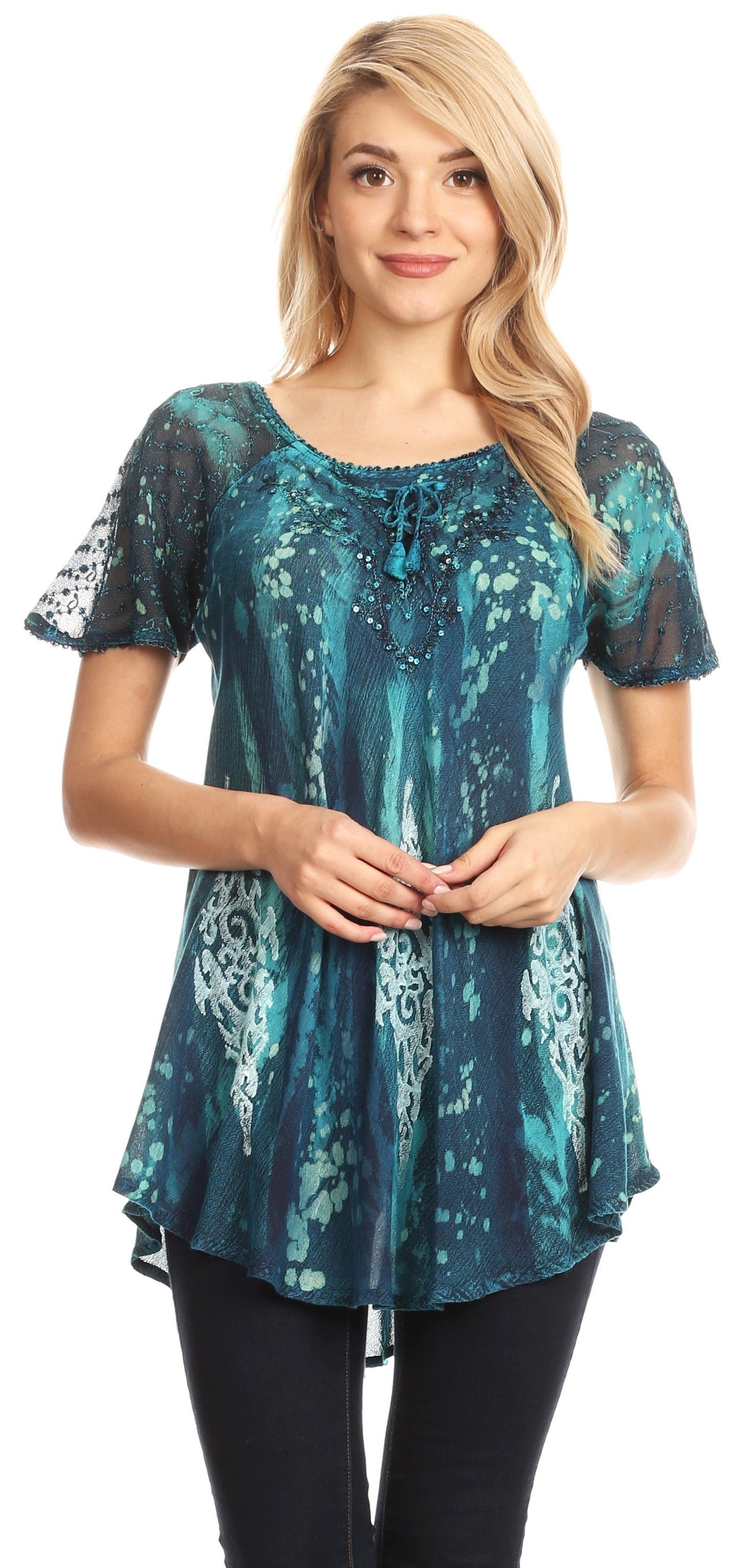 Sakkas Jannat Short Sleeve Casual Work Top Blouse in Tie-Dye with Embroidery Lace