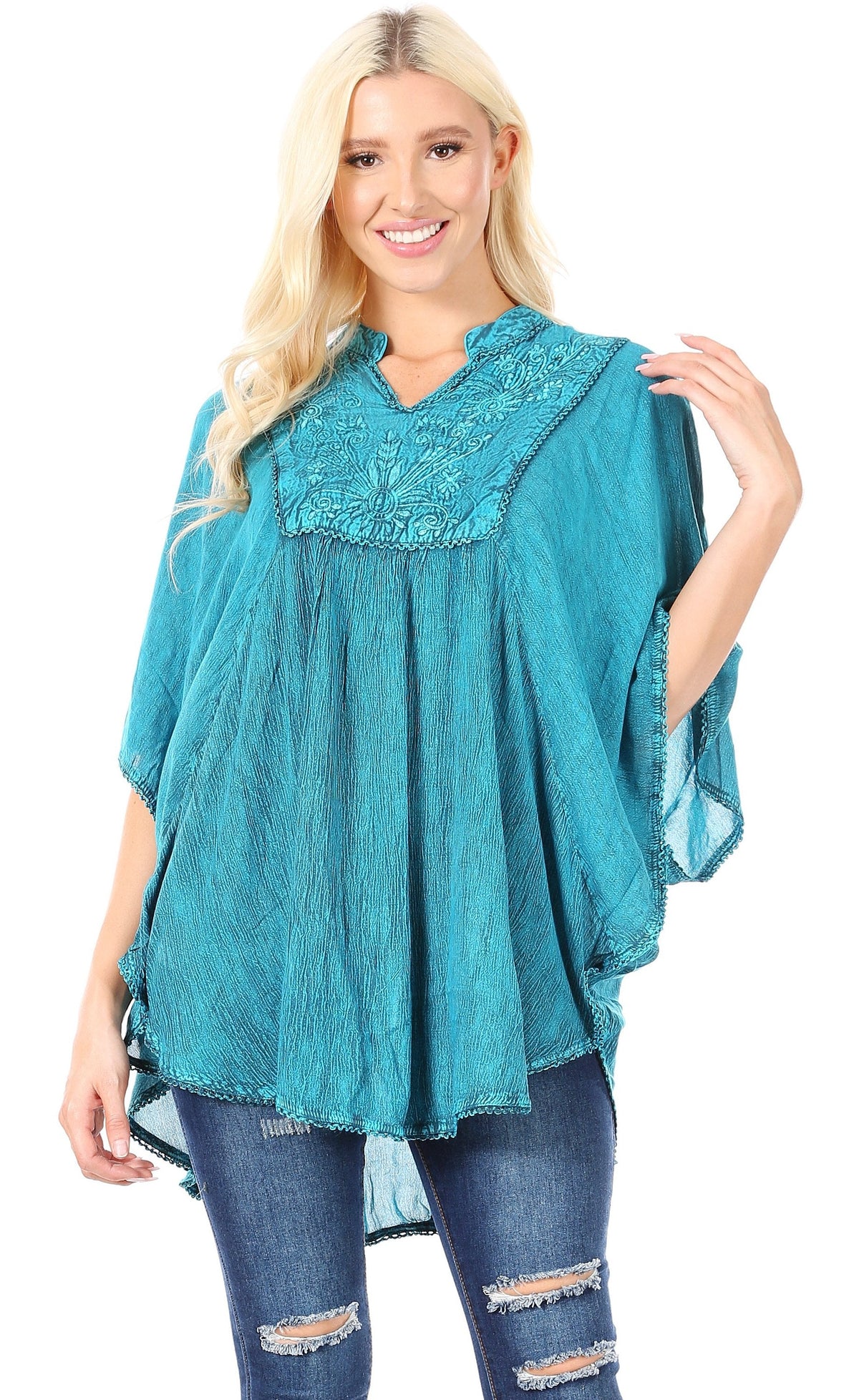 Sakkas Amori V-Neck Embroidery Poncho Top / Cover Up