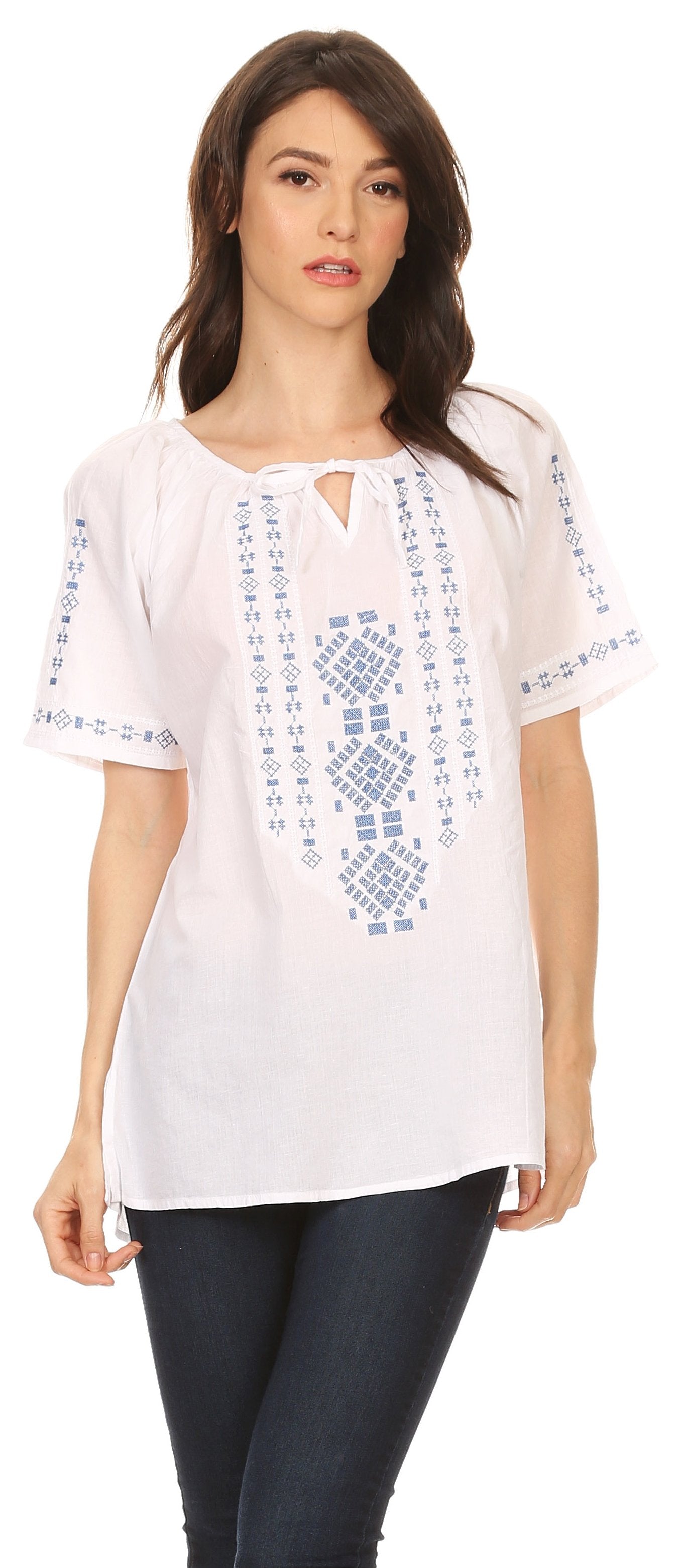 Sakkas Lena Cross Stitch Embroidered Short Sleeve Casual Top Blouse