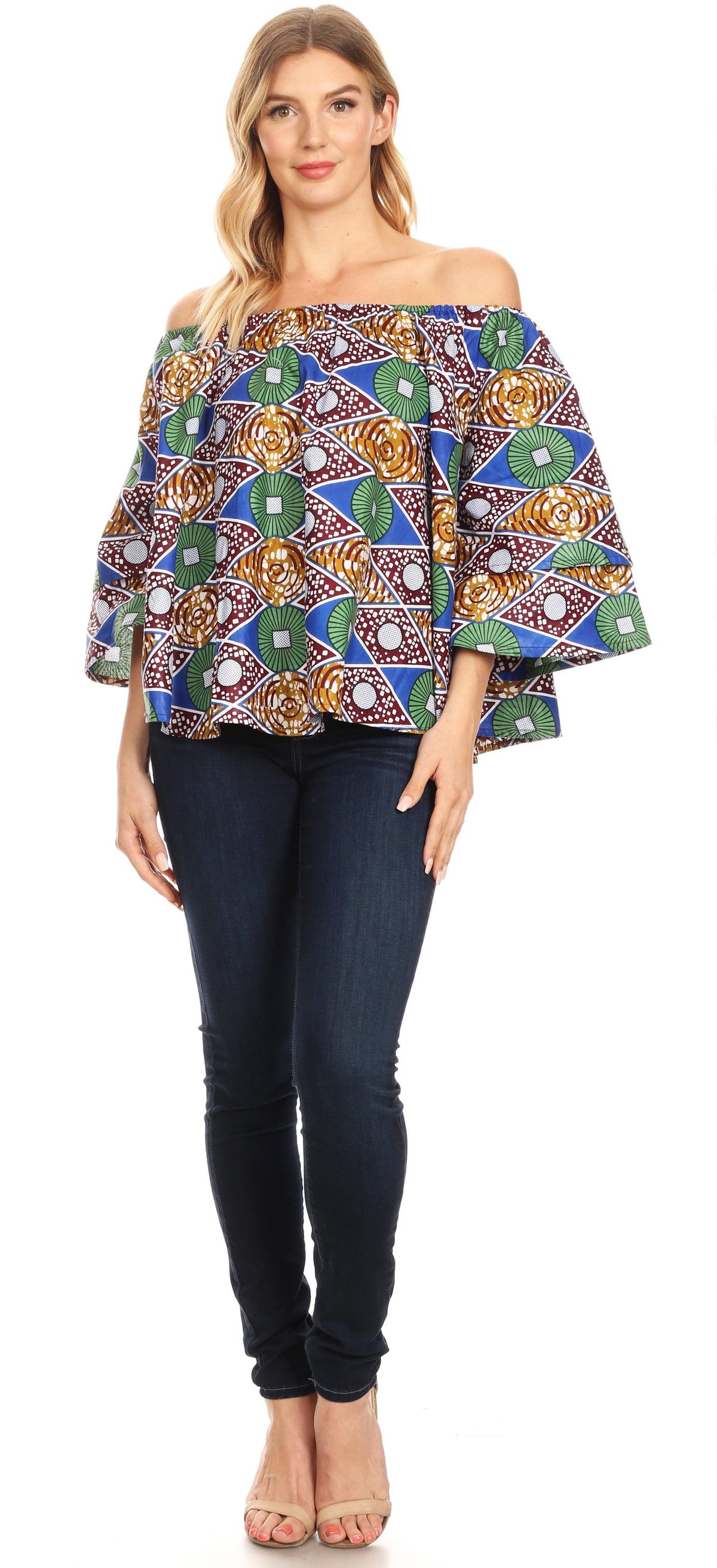 Sakkas Abree Off-shoulder Short Sleeve Blouse Top Ankara Wax Dutch African Print