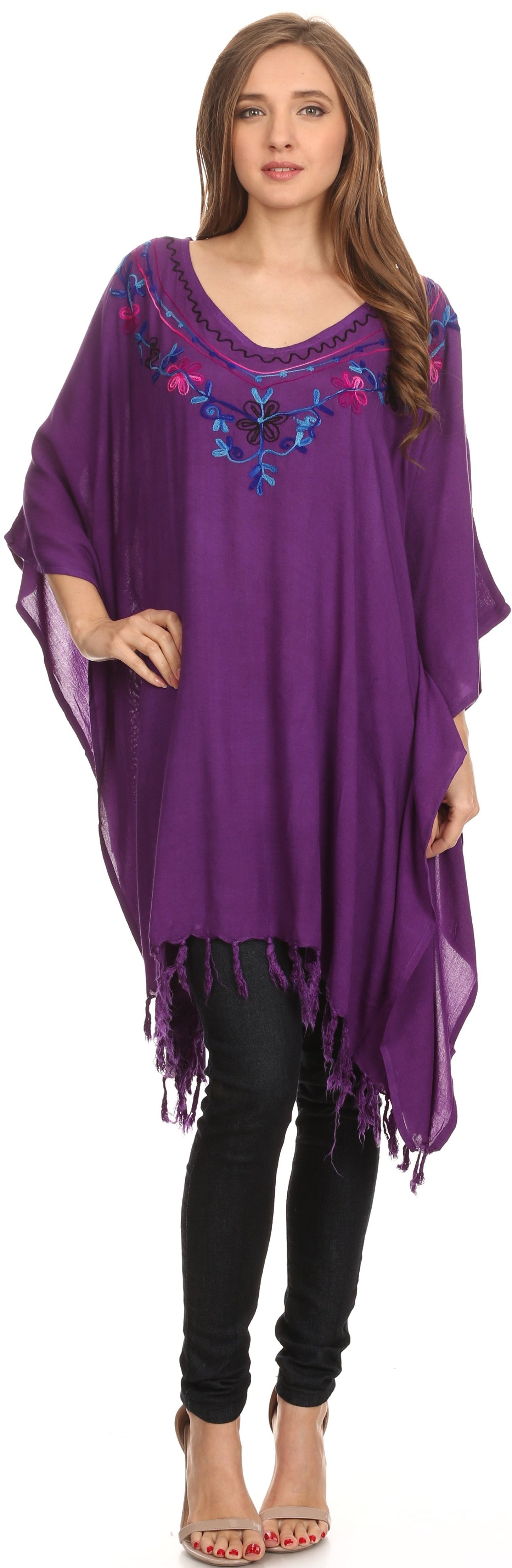 Sakkas Ballary Embroidered Square Poncho Top Open Sleeves Cover Up With Fringe