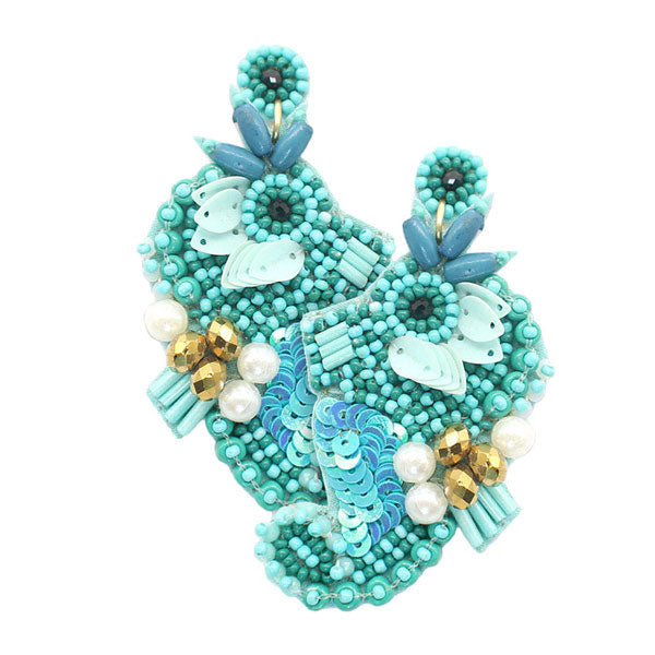 Felt Back Sequin Pearl Seed Beaded Seahorse Dangle Earrings