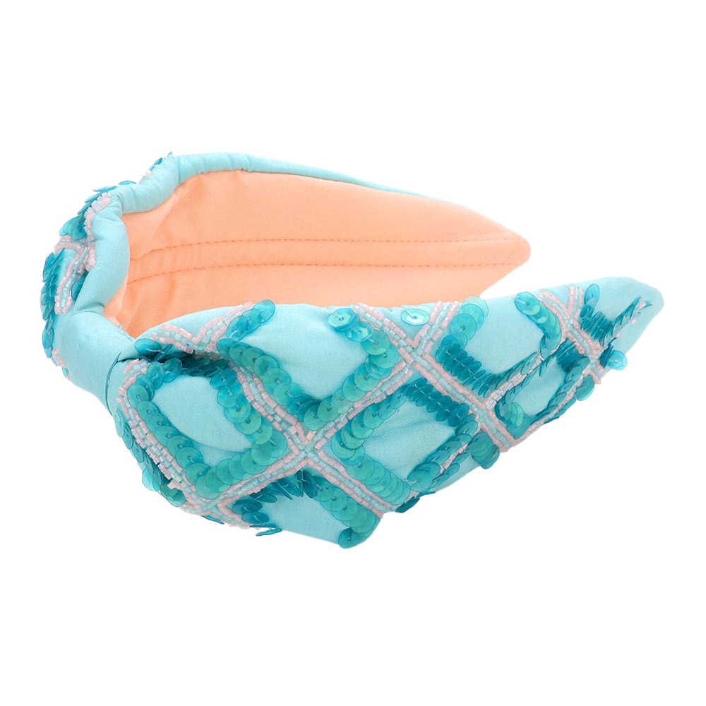 Sequin Beaded Check Patterned Knot Burnout Headband