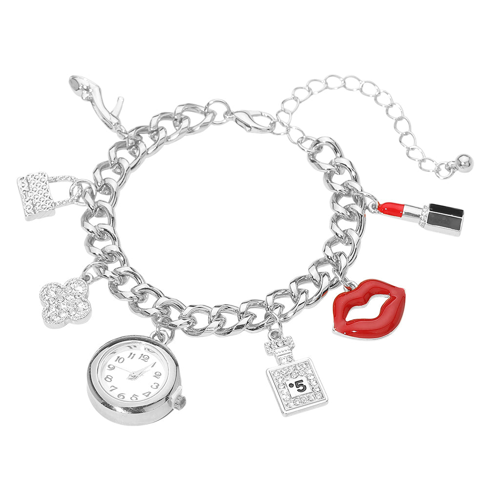 Silver Dipped Quatrefoil High Heel Lips Lipstick Charm Watch Bracelet
