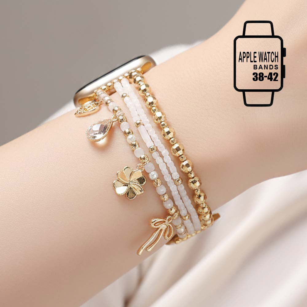 Bow Clover Heart Cross Charm Dangle Floral Ceramic Ball Pearl Beaded Multi Layered Apple Watch Band