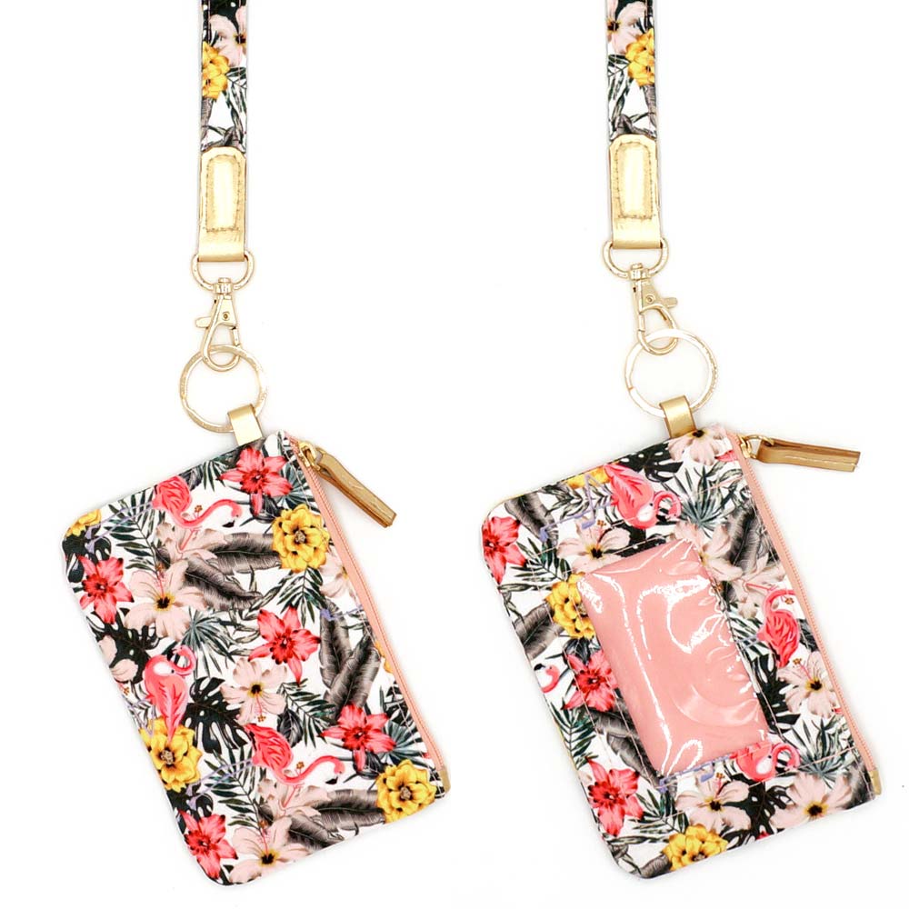 Flamingo Flower Patterned ID Wallet Detachable Lanyard