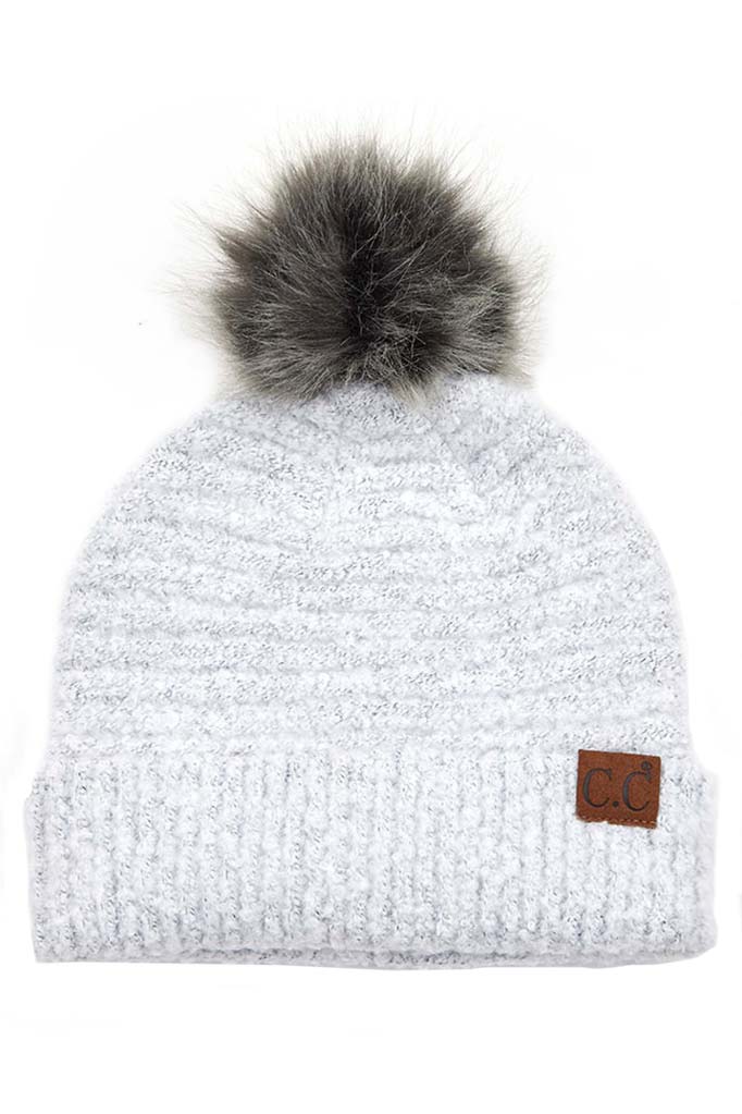 C.C Solid Boucle Yarn Beanie Hat With Pom