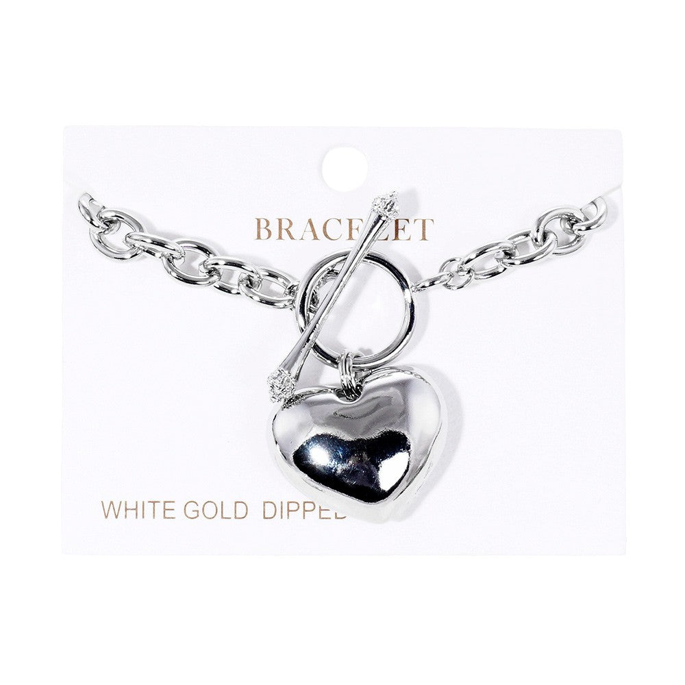 White Gold Dipped Metal Heart Charm Toggle Bracelet