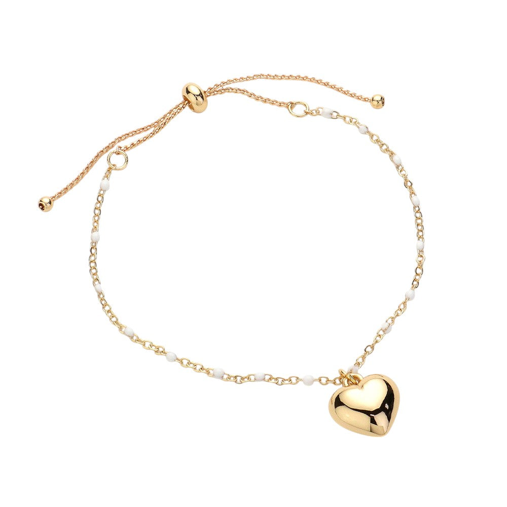 Metal Heart Charm Beads Station Pull Tie Cinch Bracelet