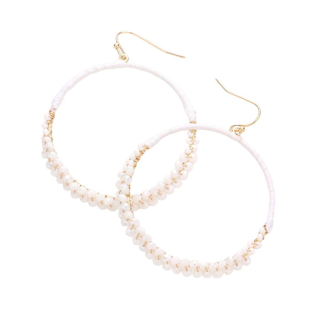 Raffia Faceted Bead Wrapped Open Metal Circle Earrings