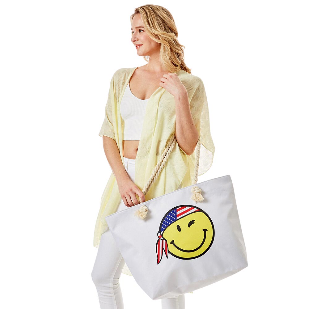 Smile Face With USA Bandana Print Beach Tote Bag