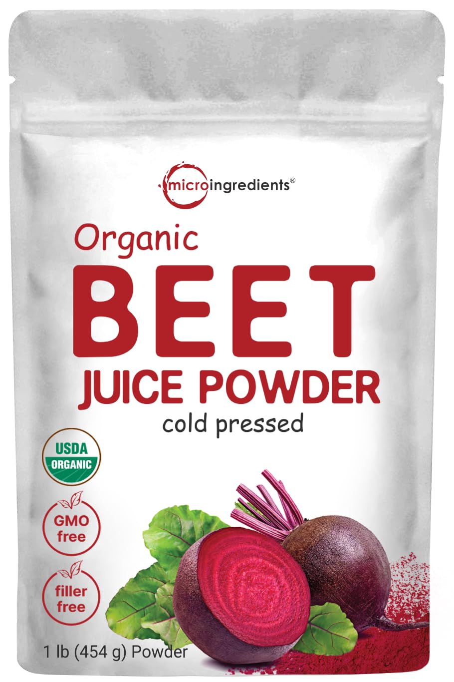 Micro Ingredients Remolacha Orgánica en Polvo, 1 Libra, Prensada en Frío y Soluble en Agua, Jugo Concentrado de Remolacha para Antes del Entrenamiento, Apoyo Energético e Inmunitario, Sin OGM