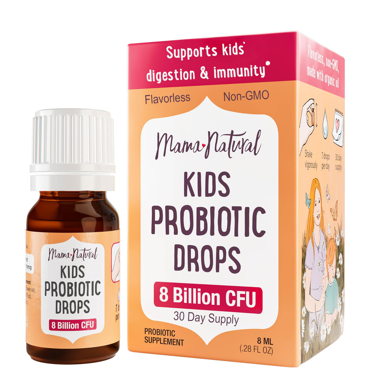 Gotas probióticas Mama Natural Kids (a partir de 3 años) | Probiótico para niños pequeños para la salud digestiva y el apoyo inmunológico - Probióticos aprobados por pediatras para niños | 30 porciones - Probiótico líquido sin sabor