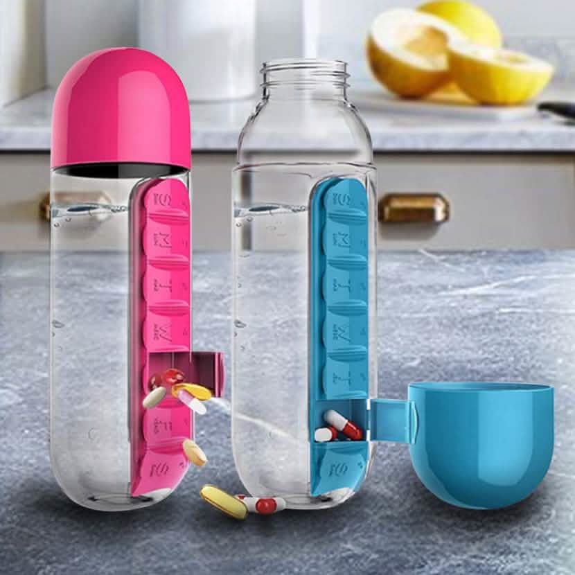 Botella de agua de 600 ml con organizador de pastillas incorporado