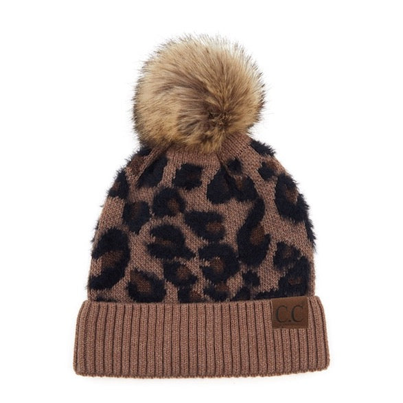 Gorro de lana con estampado de leopardo y pompón de piel sintética C.C