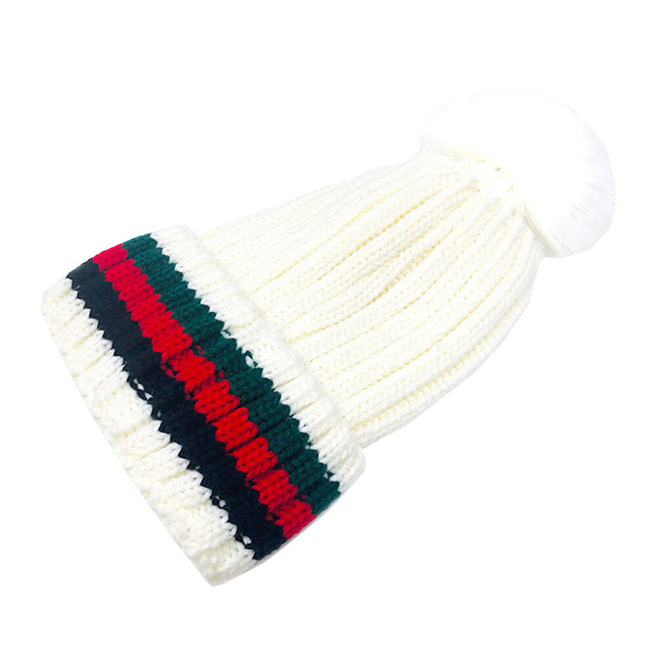Color Block Acrylic Knit Pom Pom Warm Cozy Beanie Hat