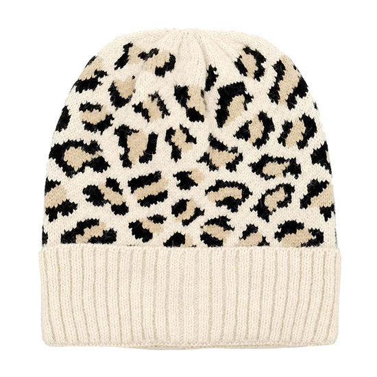 Cozy Leopard Patterned Ribbed Knit Cuff Beanie Hat