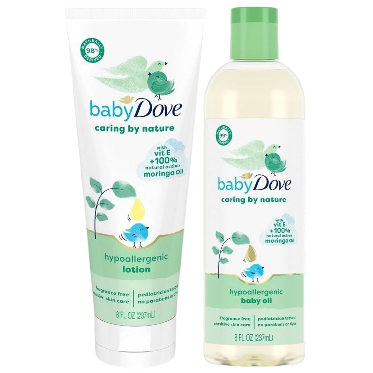 Dove Baby Oil & Baby Lotion Cuidado por Naturaleza – Aceite y Loción Hipoalergénico Nutritivo Aceite de Moringa y Vitamina E para la Piel Sin Fragancia 8 Oz c/u (Set de 2 Piezas)
