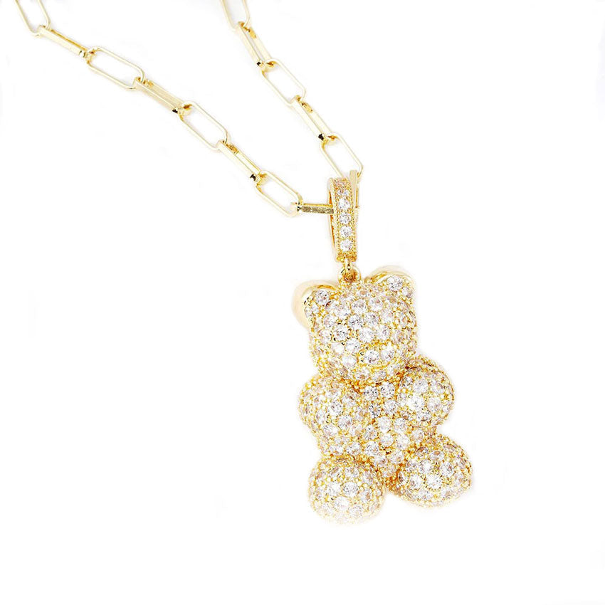 Dipped CZ Embellished Metal Bear Pendant Necklace