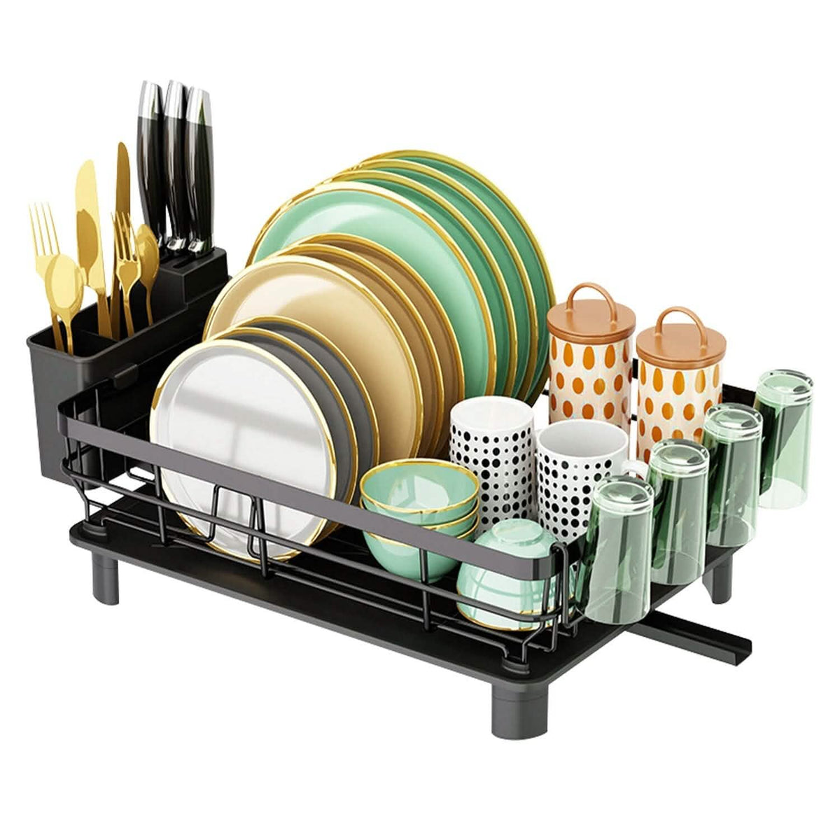 Escurridor de platos con tabla de drenaje y soporte para cubiertos