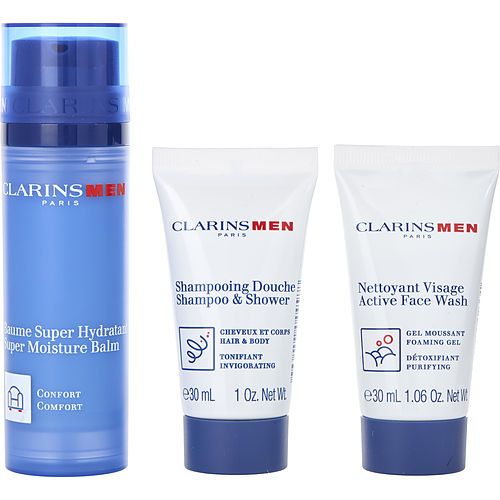Clarins by Clarins men Bálsamo Súper Hidratante 50ml + Limpiador Facial Activo 30ml + Champú 30ml --3 piezas