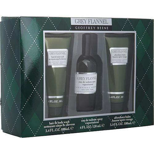 GREY FLANNEL de Geoffrey Beene EDT SPRAY 4 OZ y BÁLSAMO PARA DESPUÉS DEL AFEITADO 3.4 OZ y GEL DE DUCHA PARA CABELLO Y CUERPO 3.4 OZ