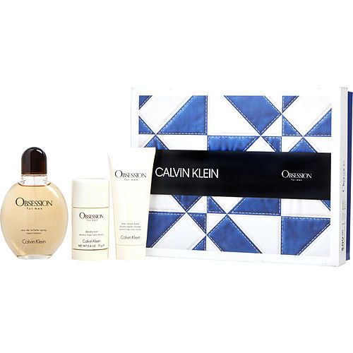 OBSESSION de Calvin Klein EDT SPRAY 4 OZ Y BÁLSAMO PARA DESPUÉS DE AFEITAR SIN ALCOHOL 3.4 OZ Y DESODORANTE EN BARRA SIN ALCOHOL 2.6 OZ