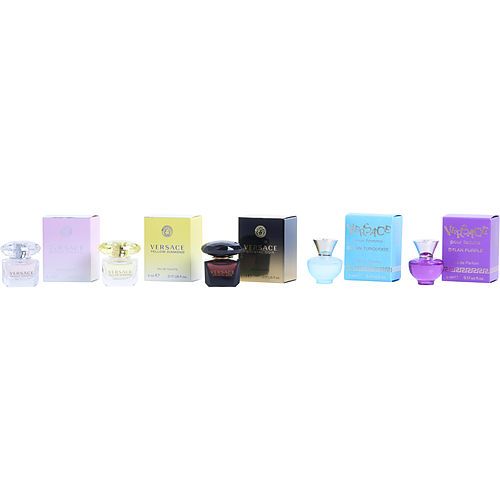 VERSACE VARIETY de Gianni Versace, MINI SURTIDO UNISEX DE 5 PIEZAS CON DYLAN TURQUOISE & BRIGHT CRYSTAL & YELLOW DIAMOND & DYLAN PURPLE POUR FEMME EDP & ECRYSTAL NOIR Y TODOS SON EDT MINIS DE 0.17 OZ