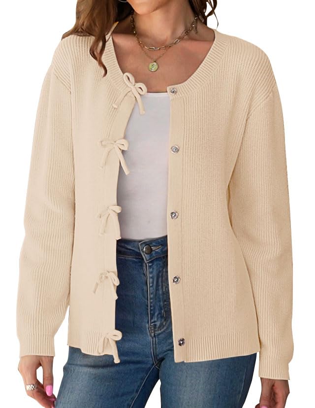 kipfall Cárdigans de Mujer con Botones de Lazo Cárdigans con Botones Ropa de Moda de Otoño Suéteres de Punto con Lazos Abrigos Abiertos al Frente