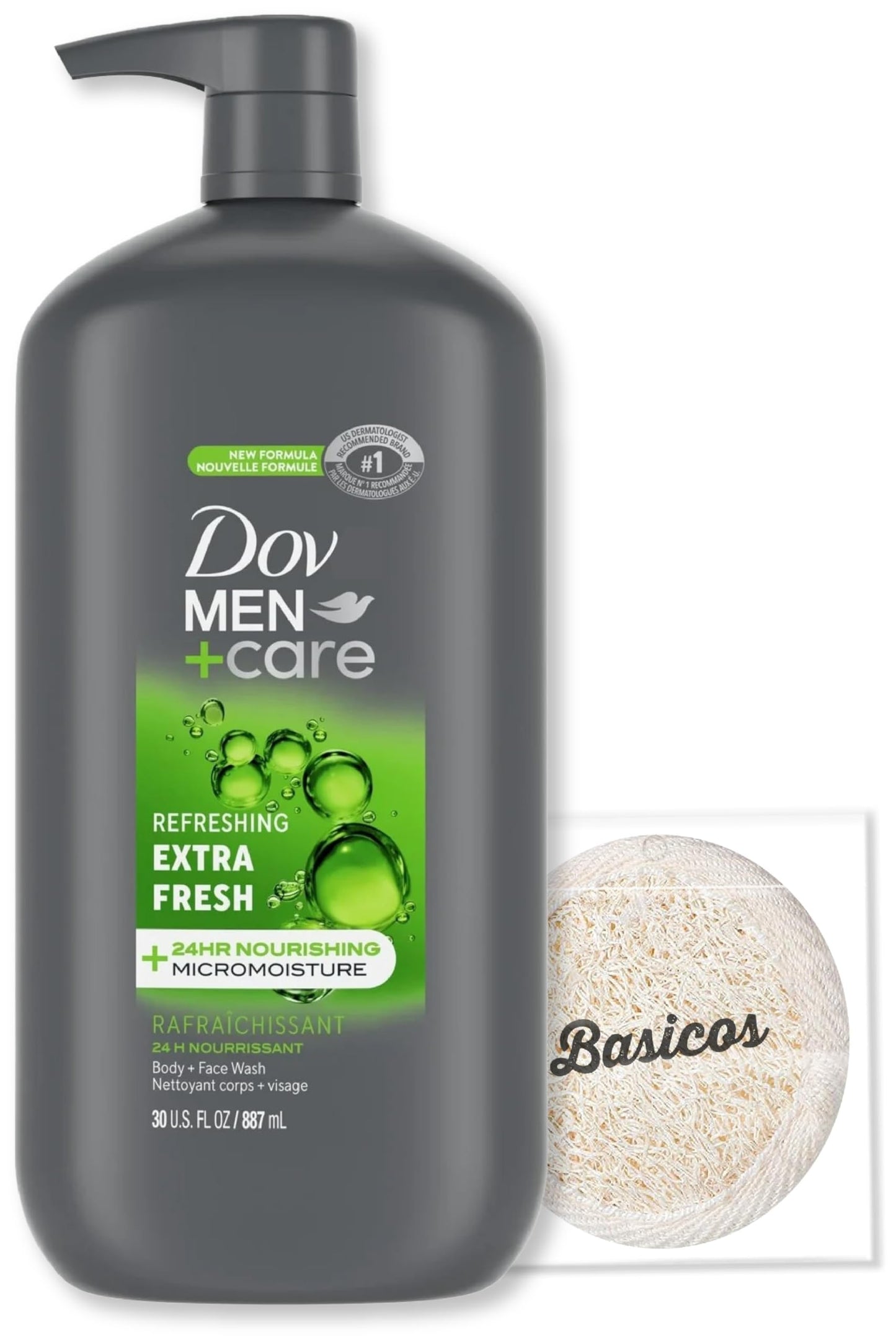 Dove Men+Care Extra Fresh Body Wash para hombre - Botella con dosificador de 887 ml | Limpia y nutre la piel | Combate las bacterias | Incluye 1 esponja vegetal Basicos
