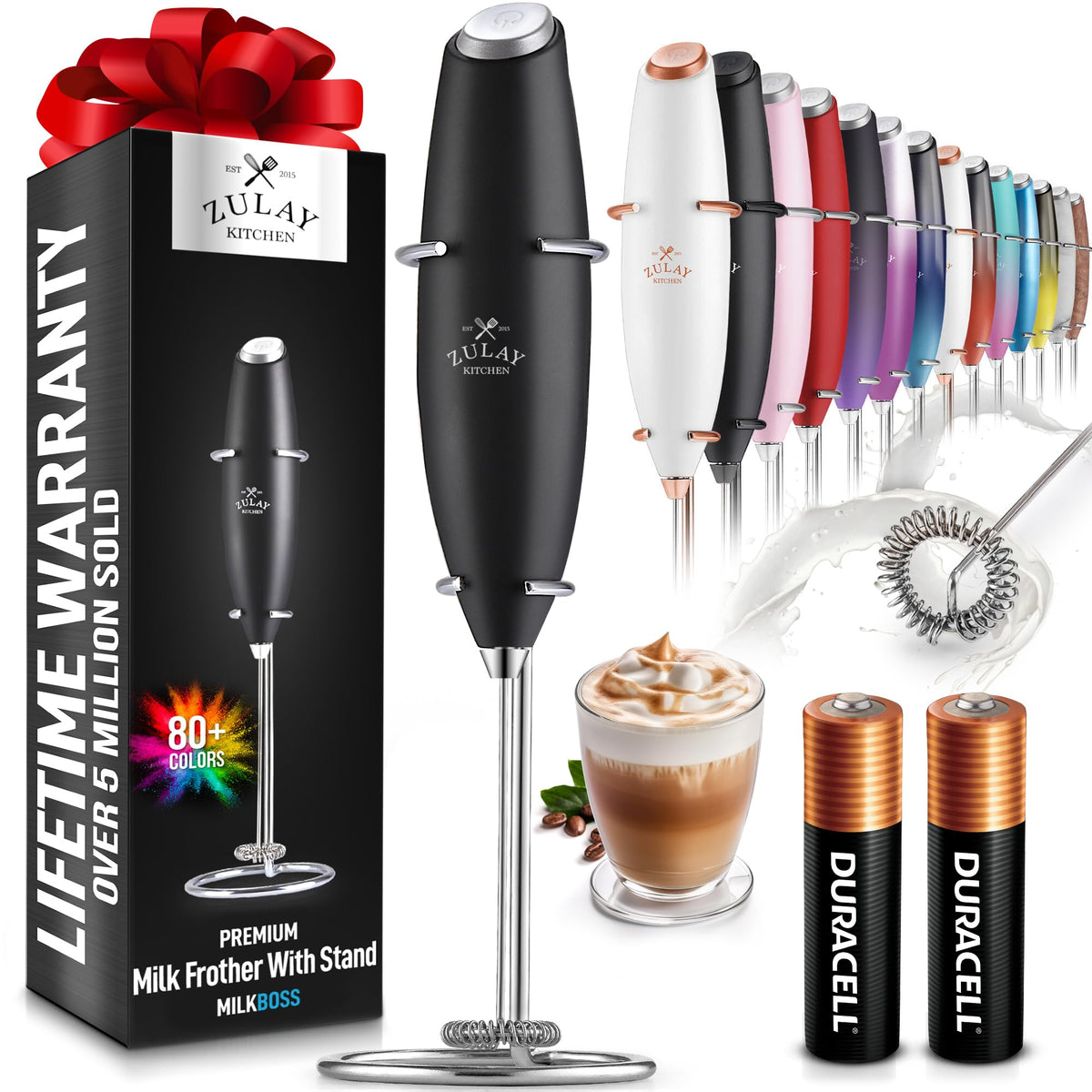 Zulay Kitchen Potente Batidora Espumadora de Leche con 2 Pilas Duracell - Mezclador de Bebidas Portátil Ultrarrápido - Batidor Eléctrico para Café Latte Capuchino Matcha Chocolate Caliente y Crema - Negro