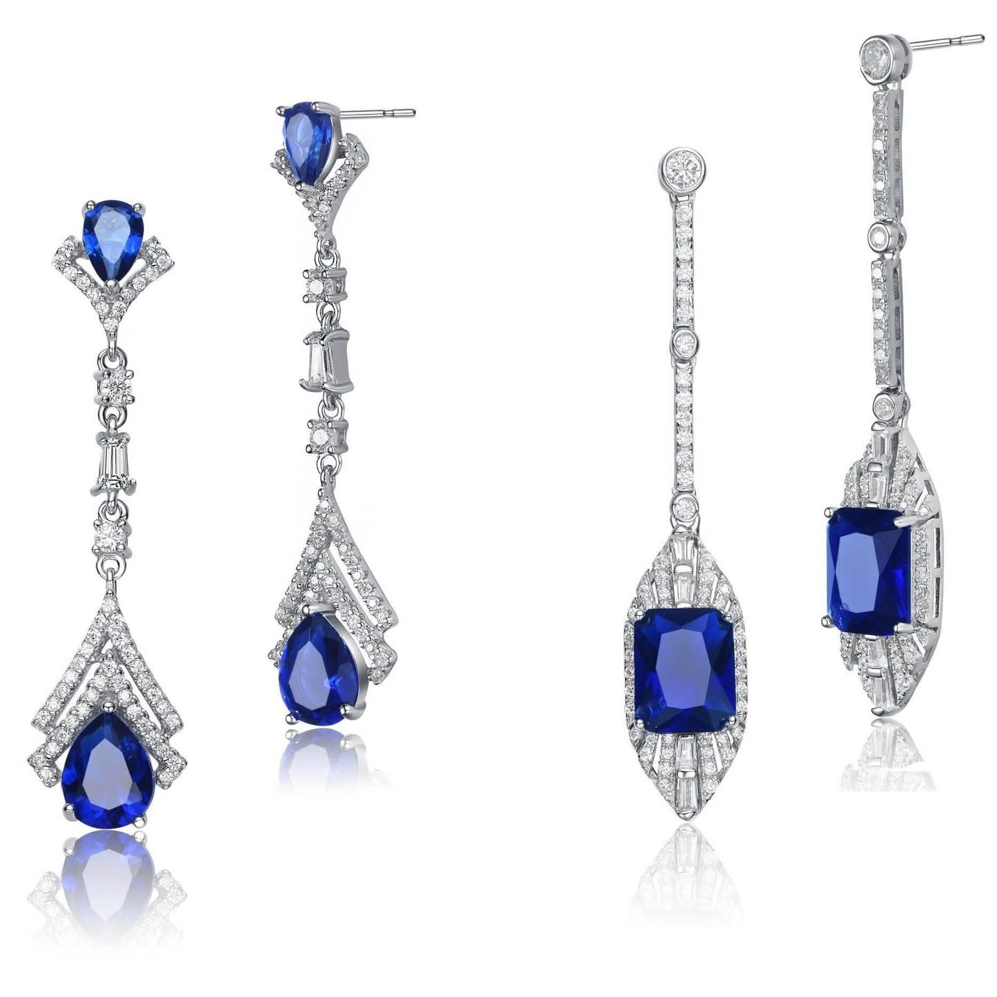 Elegantes pendientes colgantes de plata de ley con zafiro sintético y baño de rodio