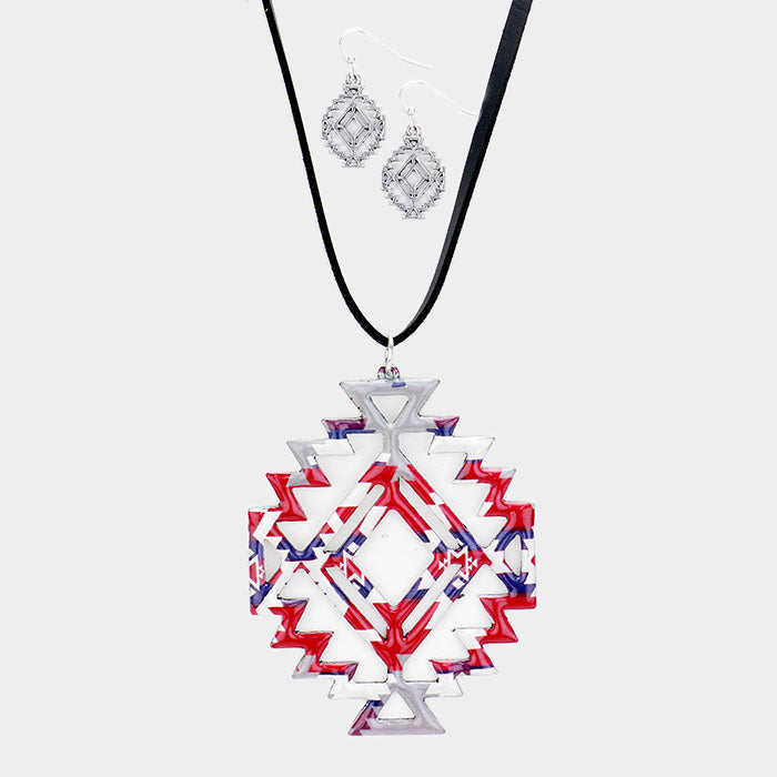 Enamel Aztec Pattern Pendant Leather Long Necklace