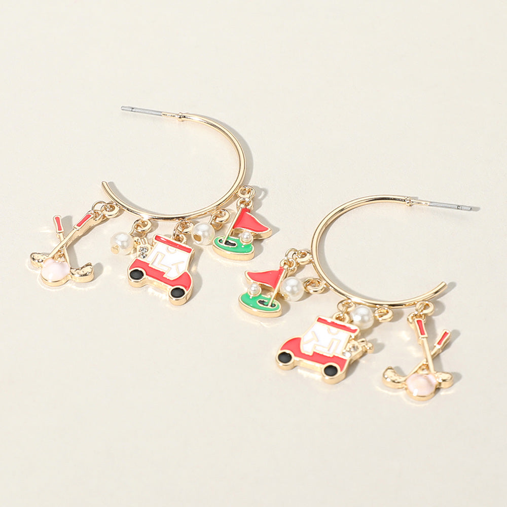 Enamel Golf Pearl Charm Dangle Hoop Earrings