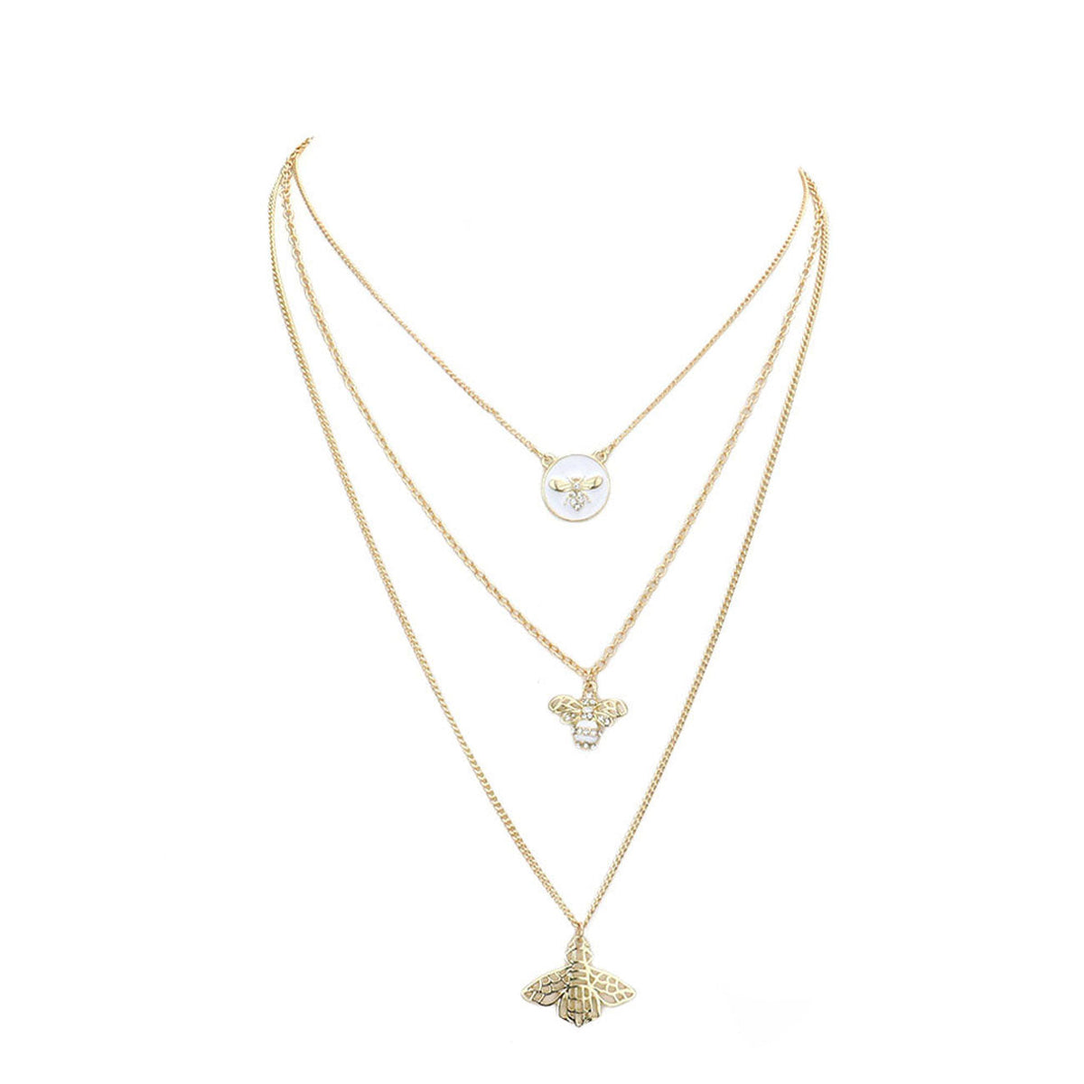 Enamel Rhinestone Honey Bee Pendant Triple Layered Necklace