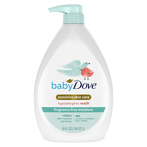 Baby Dove Cuidado Piel Sensible Gel de baño sin fragancia Hidratación para el baño del bebé Sin fragancia e hipoalergénico Elimina las bacterias 34 oz (Paquete de 1)