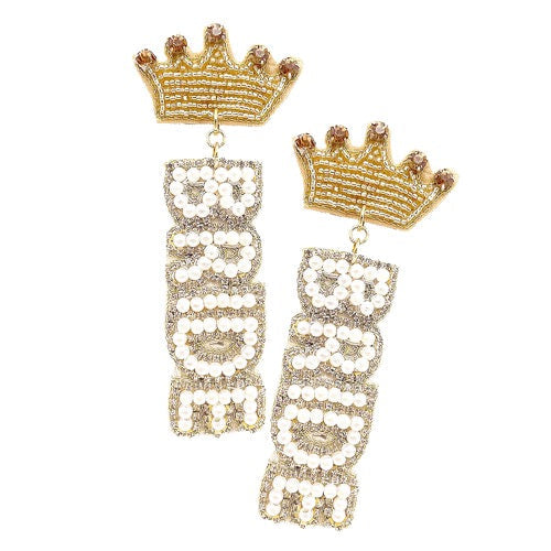 Felt Back Pearl Beaded Bride Crown Dangle Earrings