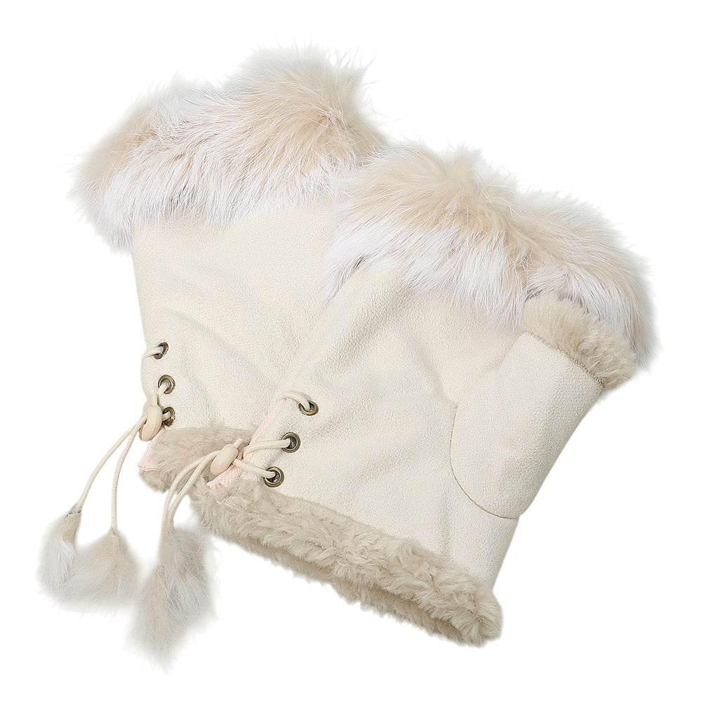 Women's Fingerless Faux Fur Trim Suede Gloves Drawstring