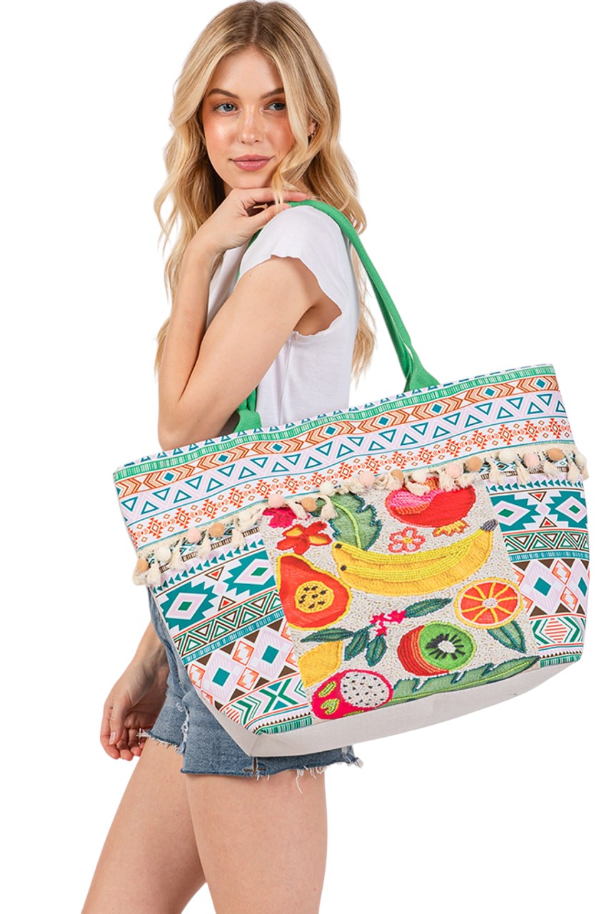 Fruits and Bead Print Aztec Pom Pom Tote Bag