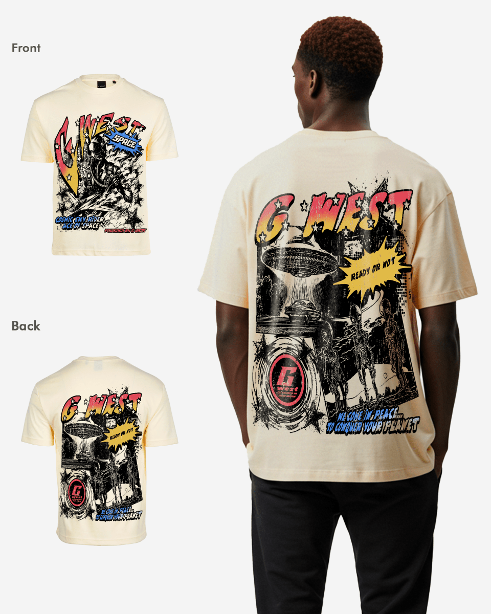 G West Mens Cosmic Sky Ride Double Hit Premium Oversized Tee Front And Back Print