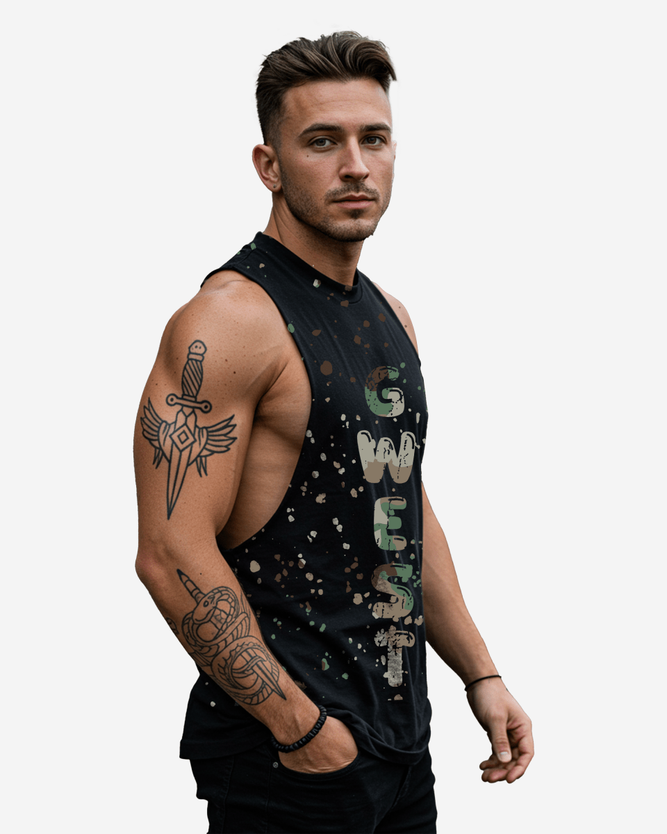 G WEST LOGO ARMY SPLATTRE BLACK TANKS