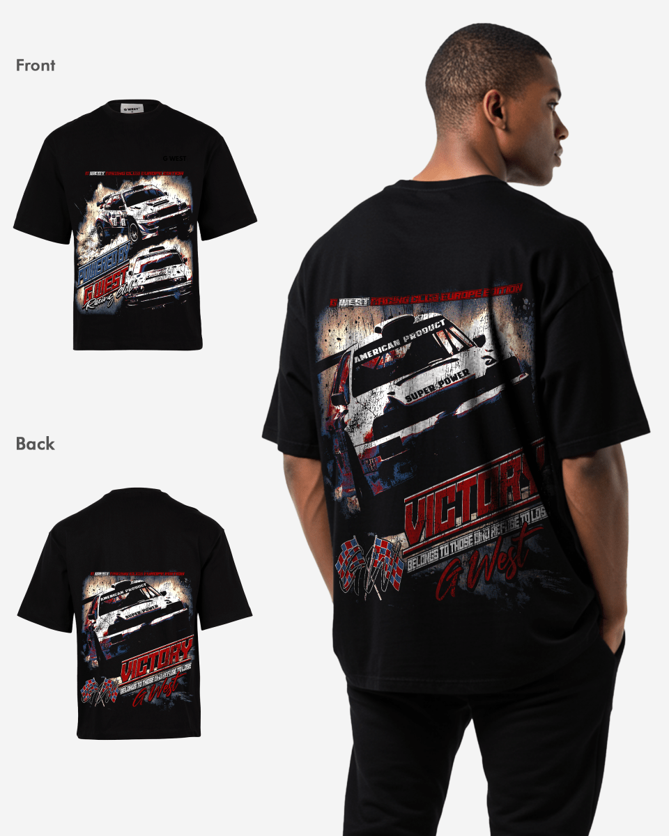 G West Mens Racing Club Double Hit Premium Oversized Tee Front And Back Print
