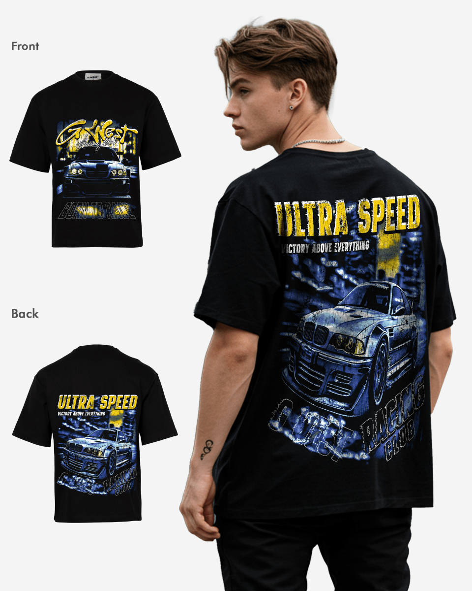 G West Mens Ultra Speed Premium Oversized Tee Front And Back Print