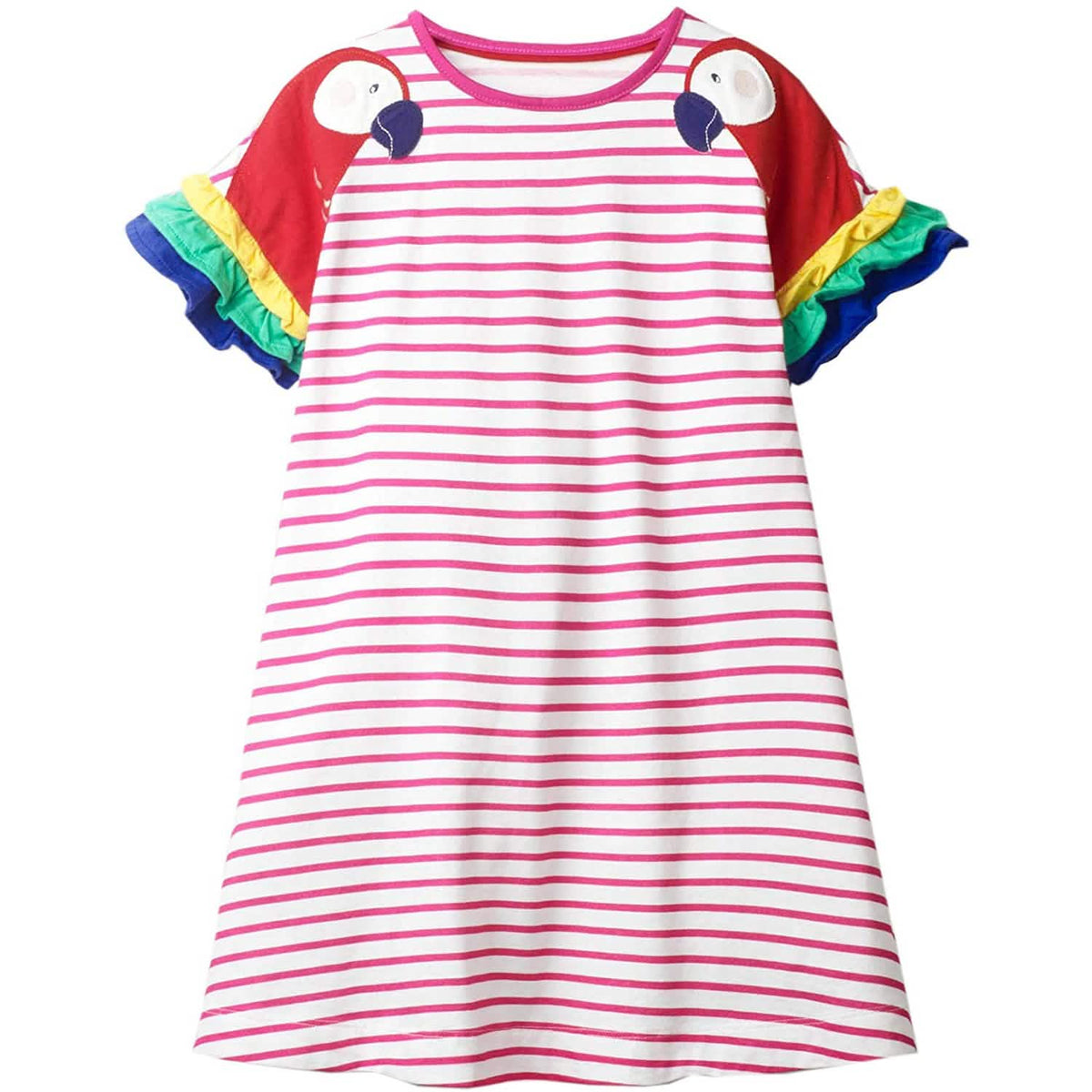 Vestido de niña de algodón de manga larga casual con apliques de dibujos animados y rayas de punto