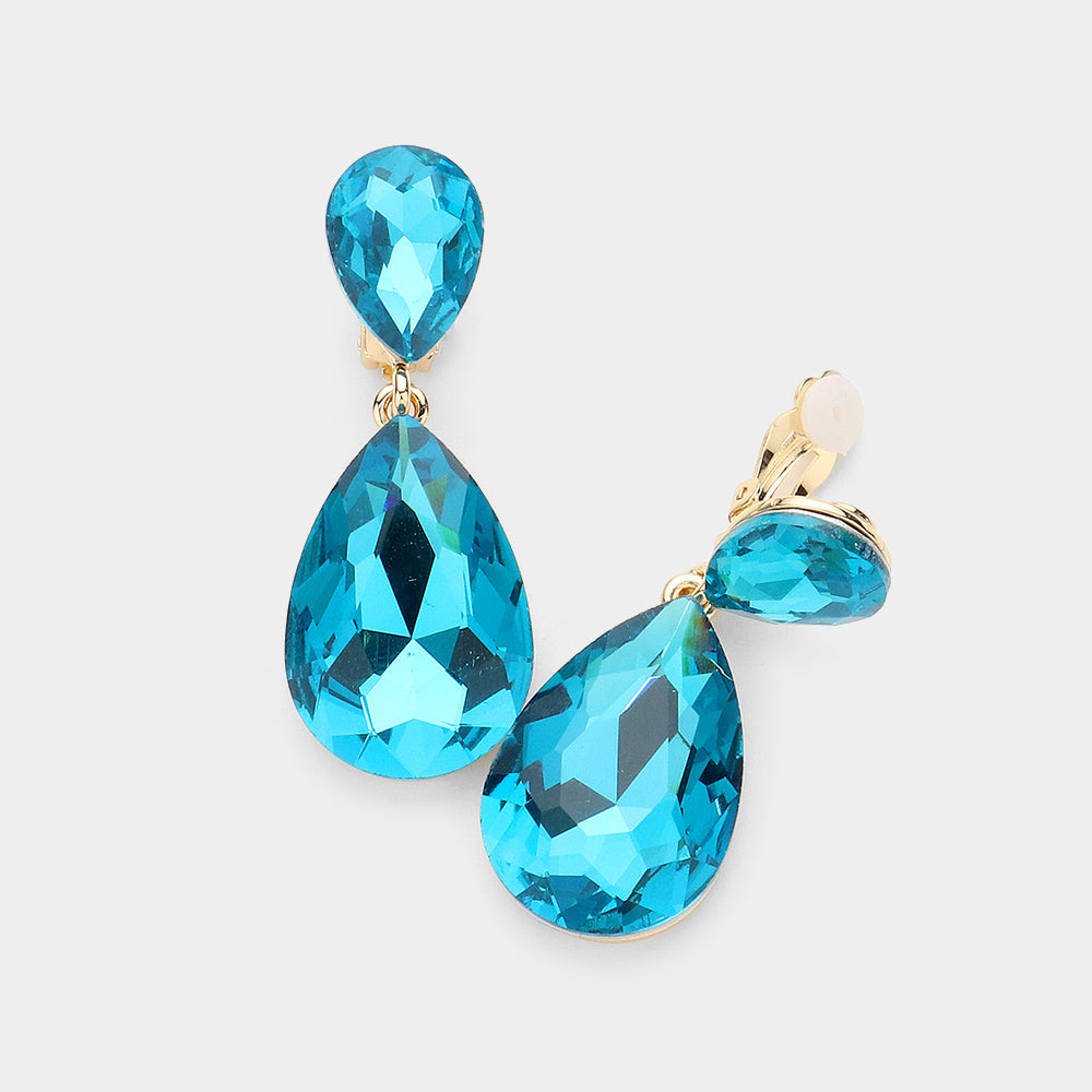 Women's Glass Crystal Double Teardrop Clip on Evening Dangle Earrings