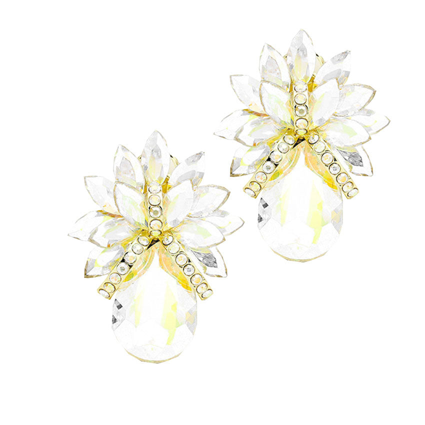 Women's Glass Crystal Petal Teardrop Clip On Dangle Earrings