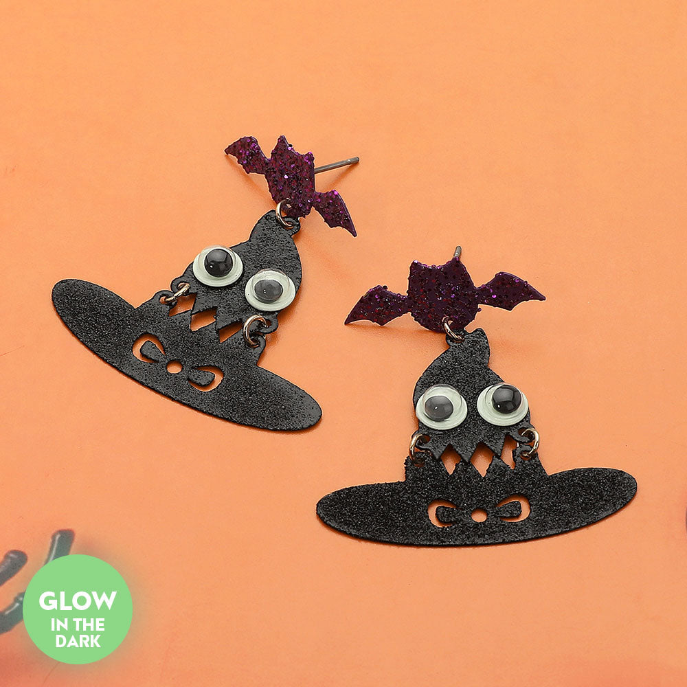 GLOW IN THE DARK Halloween Bat Witch Hat Dangle Earrings
