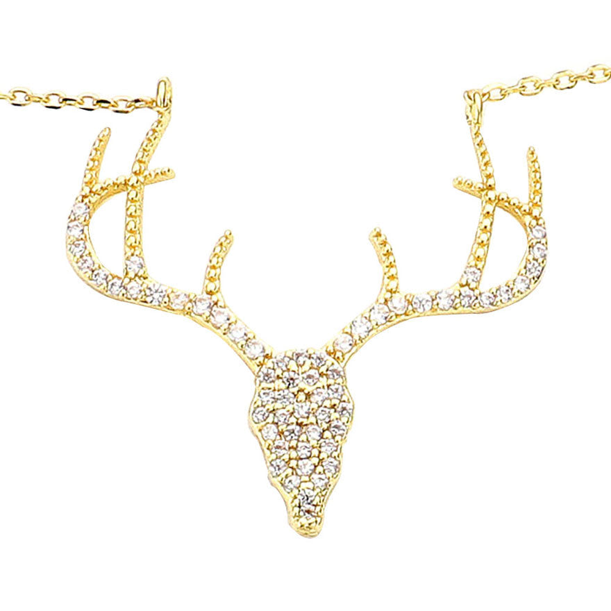 Gold Dipped CZ Reindeer Pendant Necklace